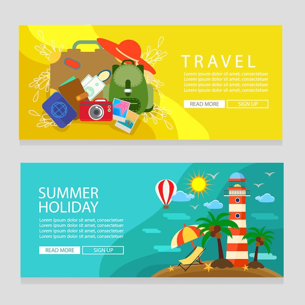 Vector plantilla de banner de vacaciones de verano viaje y faro tema estilo plano vector ilustración