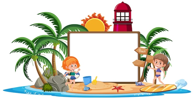 Plantilla de banner vacío con carácter de niños en vacaciones de verano en la playa sobre fondo blanco