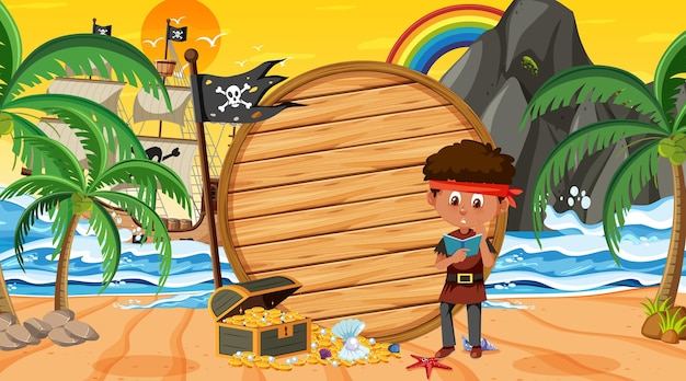 Vector plantilla de banner vacío con niño pirata en la escena del atardecer en la playa