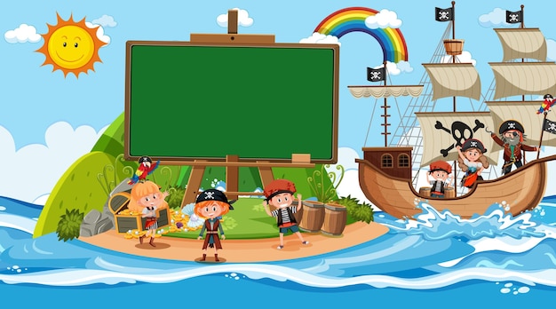 Plantilla de banner vacío con niños piratas en la escena diurna de la playa