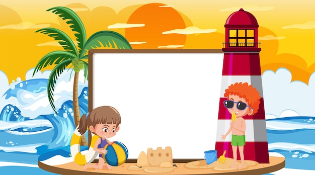 Vector plantilla de banner vacío con niños de vacaciones en la escena del atardecer en la playa