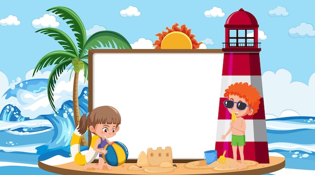 Vector plantilla de banner vacío con niños de vacaciones en la escena diurna de la playa