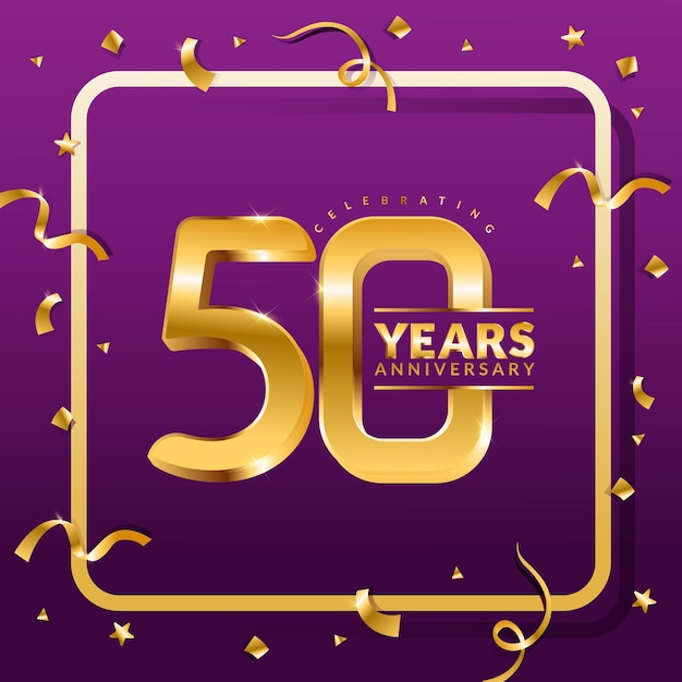 Plantilla de banner de vector de aniversario de 50 años. banner de celebración de cumpleaños con números dorados