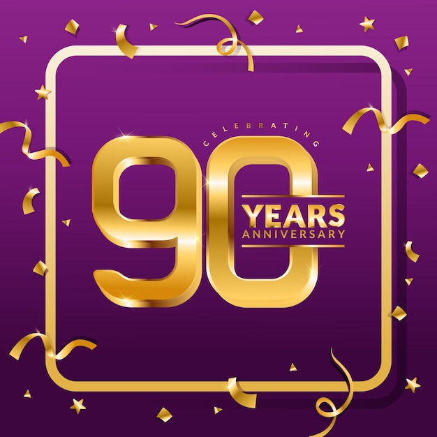 Plantilla de banner de vector de aniversario de 90 años. banner de celebración de cumpleaños con números dorados