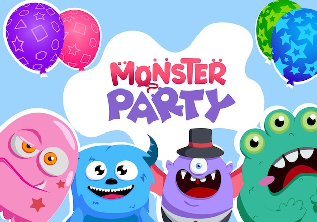 Plantilla de banner de vector de cumpleaños de fiesta de monstruo Texto de fiesta de monstruo en espacio en blanco con espeluznante