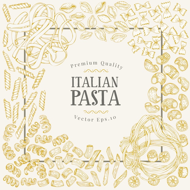 Plantilla de banner de vector con diferentes tipos de pasta italiana tradicional.