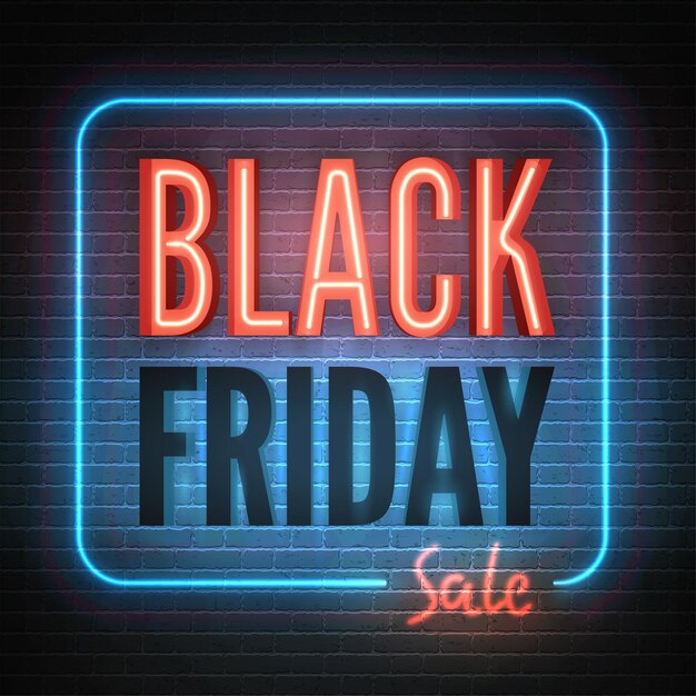 Plantilla de banner de vector de estilo retro de venta de viernes negro con caja de luz de neón azul y roja