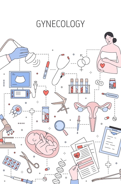 Plantilla de banner de vector de ginecología. Observación médica de la mujer embarazada. Servicio de salud, diagnóstico prenatal. Monitoreo de la salud femenina, diseño de carteles de examen de ultrasonido de futura mamá.