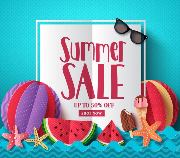 Plantilla de banner de vector de venta de verano con espacio en blanco para texto y elementos de playa de corte de papel de colores.