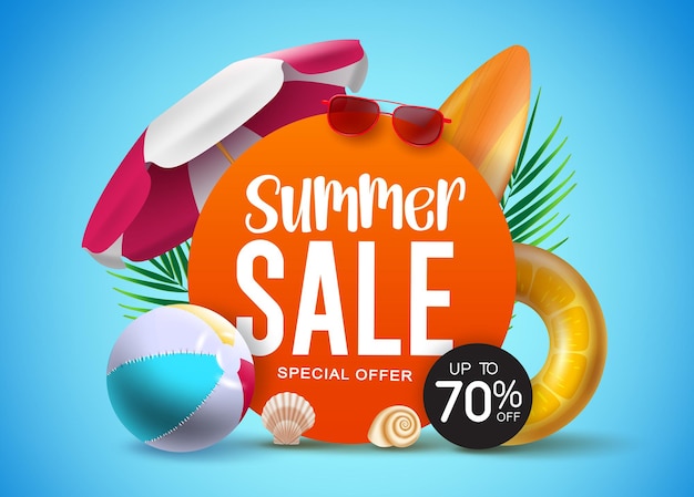 Plantilla de banner de vector de venta de verano texto de oferta especial de venta de verano con hasta 70 elementos de playa