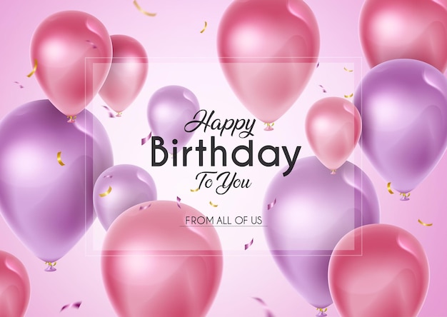 Plantilla de banner vectorial de globos de cumpleaños. Feliz cumpleaños a tu mensaje de texto en un espacio vacío.