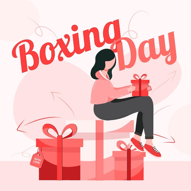 Plantilla de banner de venta de boxing day con niña sosteniendo una caja de regalo