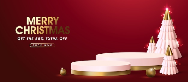 Plantilla de banner de venta de feliz Navidad con podio de exhibición de productos