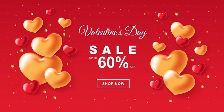 Plantilla de banner de venta festiva del día de San Valentín con corazones rojos y dorados en 3D