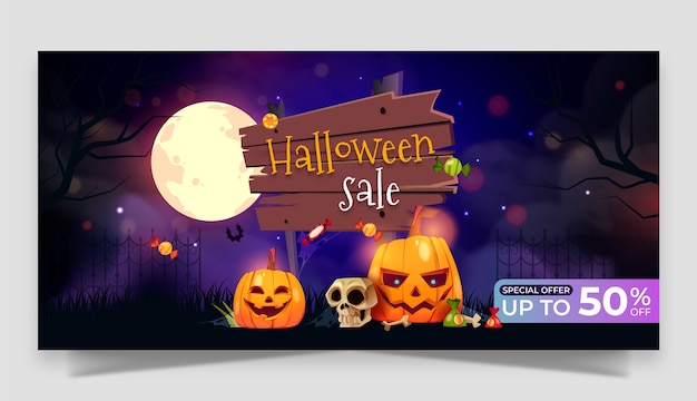 Vector plantilla de banner de venta horizontal de halloween degradado