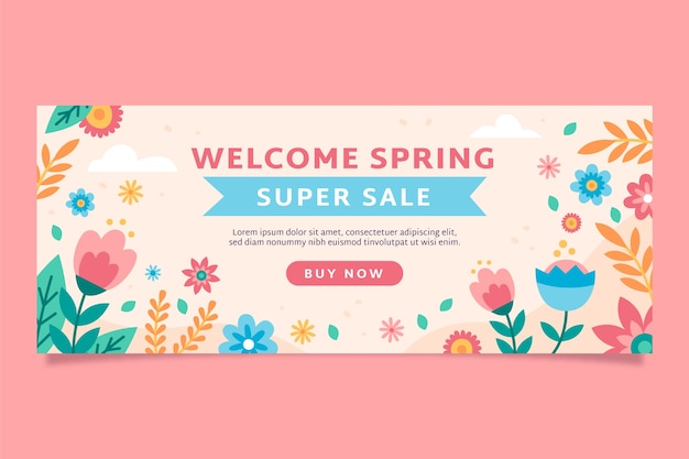 Plantilla de banner de venta horizontal de primavera floral plana