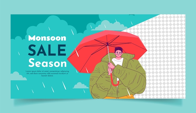 Vector plantilla de banner de venta horizontal para la temporada de monzones y el clima lluvioso