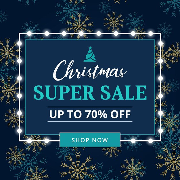Plantilla de banner de venta de Navidad con copos de nieve y luz