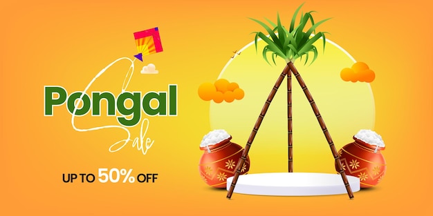 Vector plantilla de banner de venta de pongal feliz con podio y elementos festivos