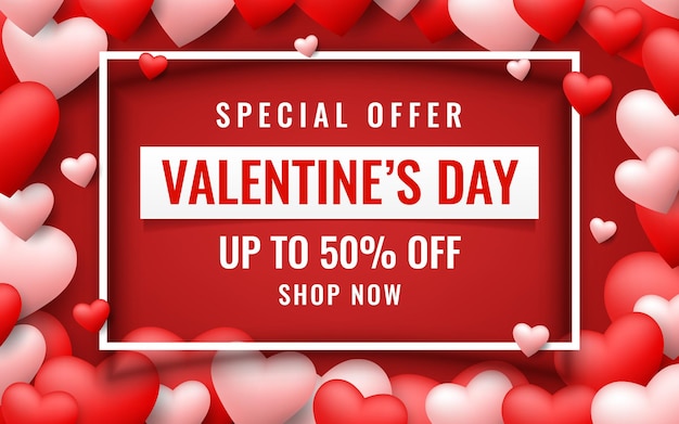 Plantilla de banner de venta de San Valentín con corazones.