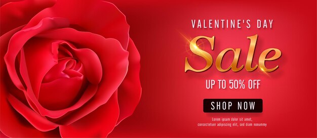 Vector plantilla de banner de venta de san valentín. promoción de descuento de la tienda del día de san valentín con espacio rojo para texto y elementos rosas en fondo rojo. .