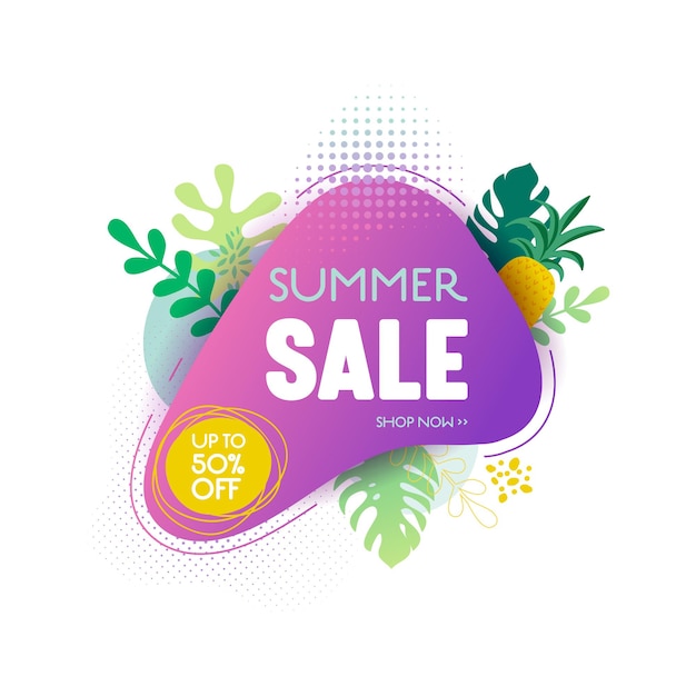 Plantilla de banner de venta de verano. burbuja geométrica abstracta líquida con hojas tropicales, fondo tropical y telón de fondo, insignia promocional para oferta de temporada, promoción, publicidad. ilustración vectorial