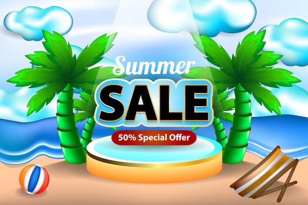 Plantilla de banner de venta de verano con podio 3d y escena de playa