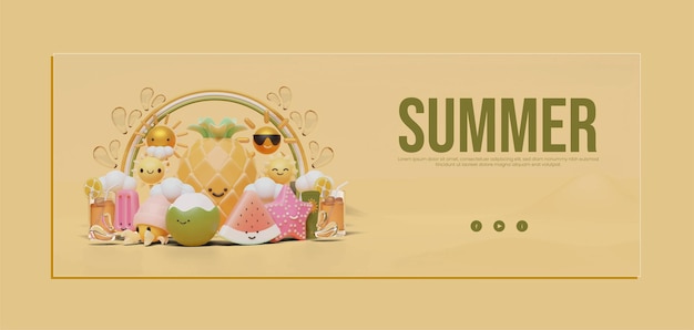 Plantilla de banner de verano con ilustración de piña 3d