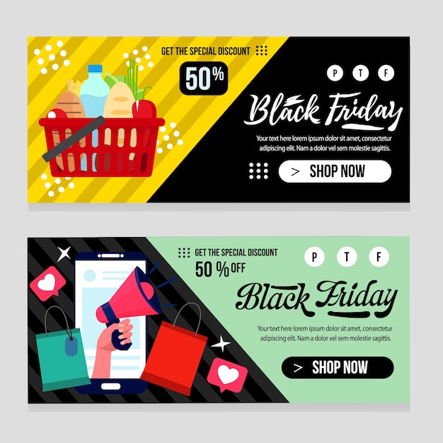 Vector plantilla de banner web black friday con estilo plano de artículo comercial