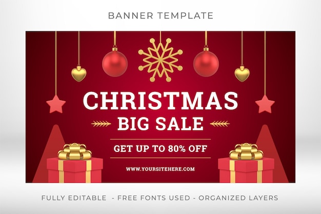 Plantilla de banner web brillante rojo premium de gran venta de Navidad con vector de icono 3d realista de juguetes colgados