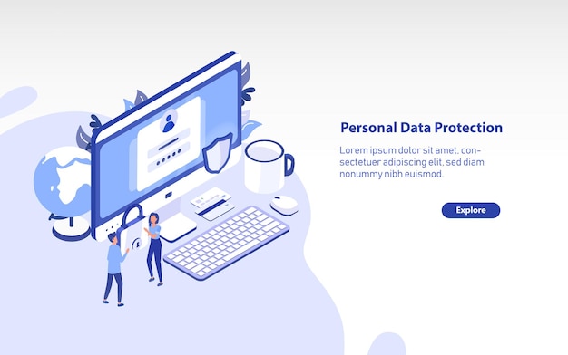 Plantilla de banner web con computadora gigante, un par de personas diminutas que llevan candado y lugar para texto. Protección de datos personales, acceso seguro a la información digital. Ilustración vectorial isométrica colorida.