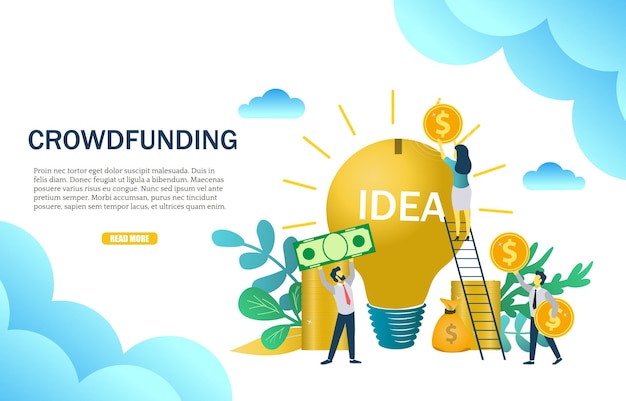 Plantilla de banner web de crowdfunding. Ilustración de vector de gente de negocios poniendo dinero en bombilla. Inversión financiera en la puesta en marcha de empresas, concepto de nuevas ideas para la página web, etc.