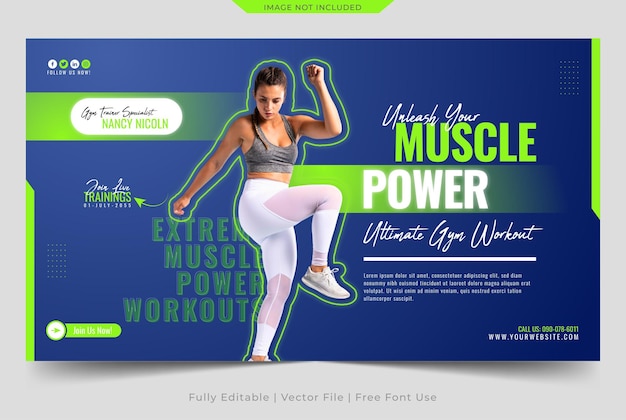 plantilla de banner web de fuerza muscular de gimnasio y fitness