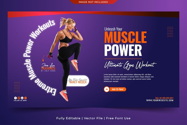 plantilla de banner web de fuerza muscular de gimnasio y fitness