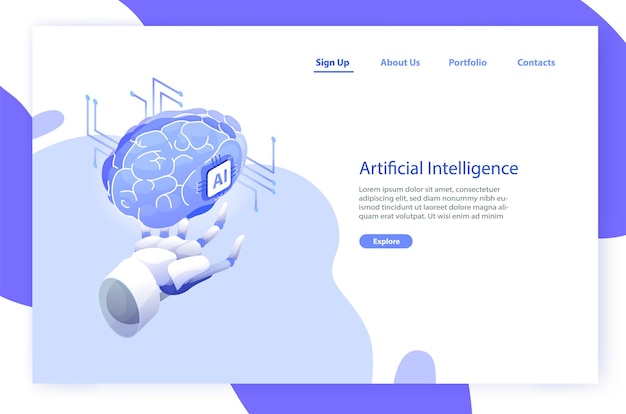 Plantilla de banner web con mano robótica sosteniendo cerebro y lugar para texto. inteligencia artificial, robot inteligente, ciencia y tecnología innovadora, innovación de alta tecnología. ilustración vectorial moderna.