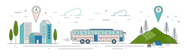 Plantilla de banner web moderna con viaje en autobús desde el punto de inicio hacia el campamento turístico en el punto final. Transporte turístico, servicio de transporte de viajes de aventura. Ilustración de vector de estilo lineal.