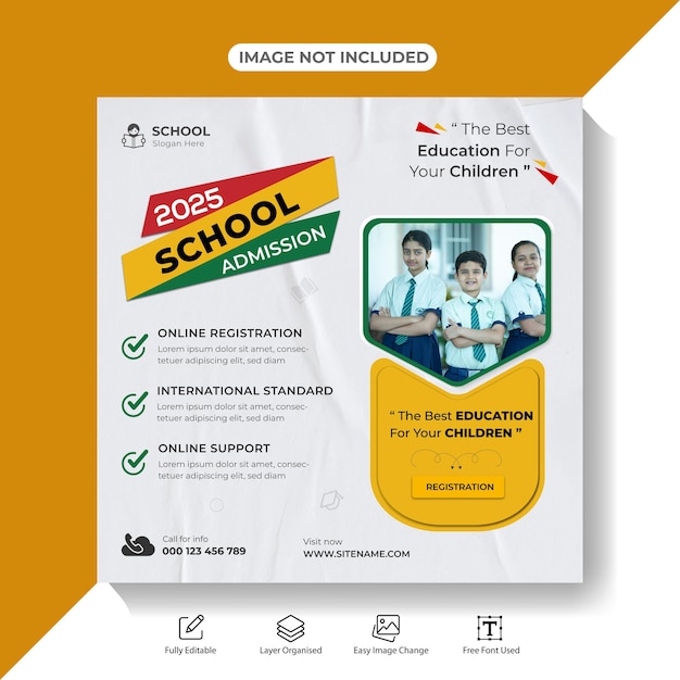 Plantilla de banner web o publicación de redes sociales de admisión a la escuela