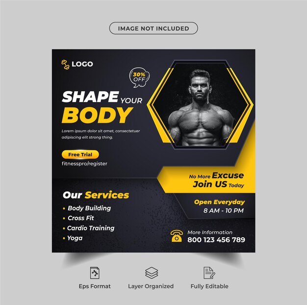 Plantilla de banner web de promoción de redes sociales y publicación de instagram de gimnasio y fitness Vector Premium
