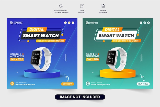 Plantilla de banner web promocional de negocios de reloj moderno con formas creativas Diseño de póster publicitario de Smartwatch con colores azul y amarillo Ver venta de vectores de publicaciones en redes sociales para marketing