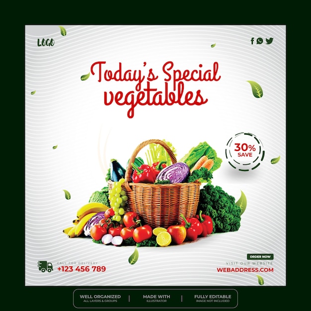 Vector plantilla de banner web de publicación de instagram de redes sociales de entrega de comestibles de verduras y frutas