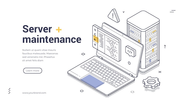 plantilla de banner web para servicios de mantenimiento de servidores con diseño isométrico y arte de líneas