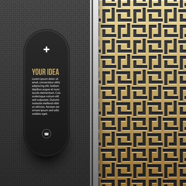 Plantilla de banner web sobre fondo metálico dorado con patrón geométrico transparente. Elegante estilo de lujo.