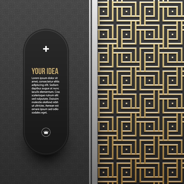 Plantilla de banner web sobre fondo metálico dorado con patrón geométrico transparente. Elegante estilo de lujo.