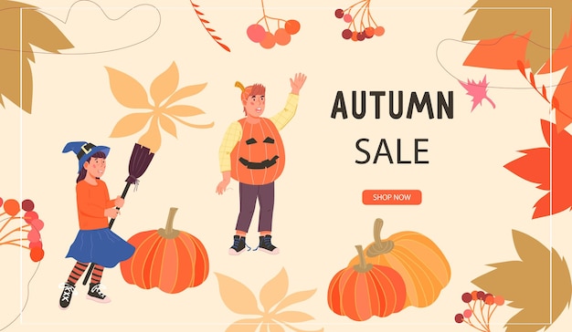 Plantilla de banner web de venta de Halloween de otoño con niños vector plano