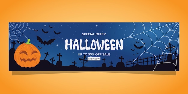 Plantilla de banner web de ventas para Halloween con calabazas y telarañas sobre fondo azul