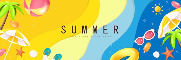 plantilla de banner web de verano con fondo de olas abstractas onduladas y decoración de vibraciones de playa tropical de verano