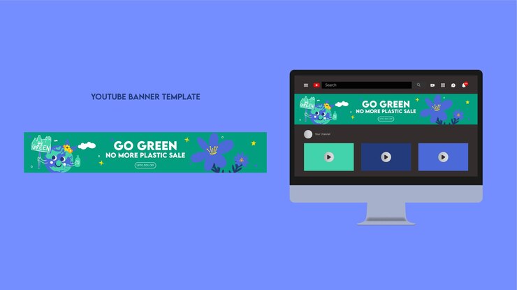 Plantilla de banner de YouTube para concienciar sobre la contaminación por plásticos con una ilustración plana