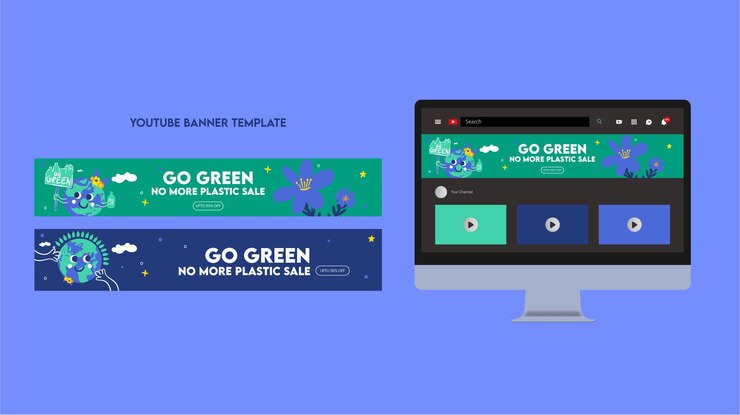 Plantilla de banner de YouTube para concienciar sobre la contaminación por plásticos con una ilustración plana