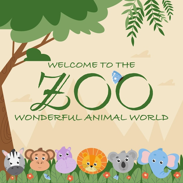 Plantilla de banner de zoológico con lindos animales salvajes estilizados en la jungla adecuados para jardín zoológico