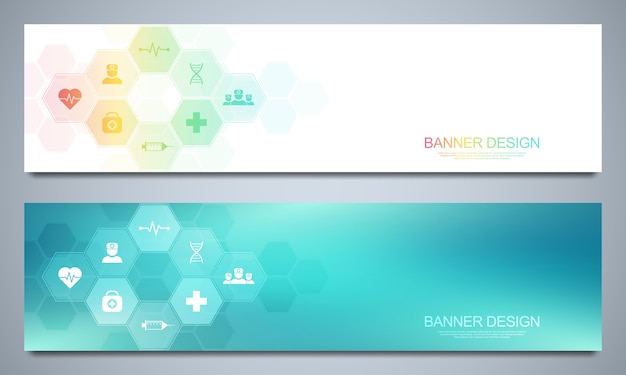 Plantilla de banners para decoración sanitaria y médica con iconos y símbolos. concepto de tecnología de ciencia, medicina e innovación.